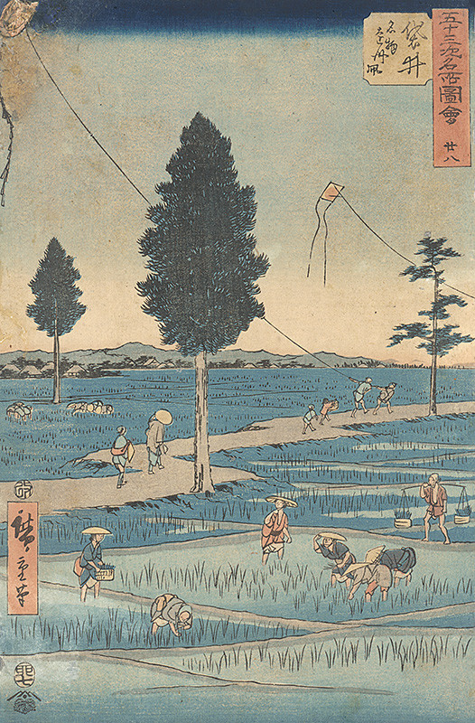 Utagawa Hirošige - Púšťanie drakov nad ryžovými poliami