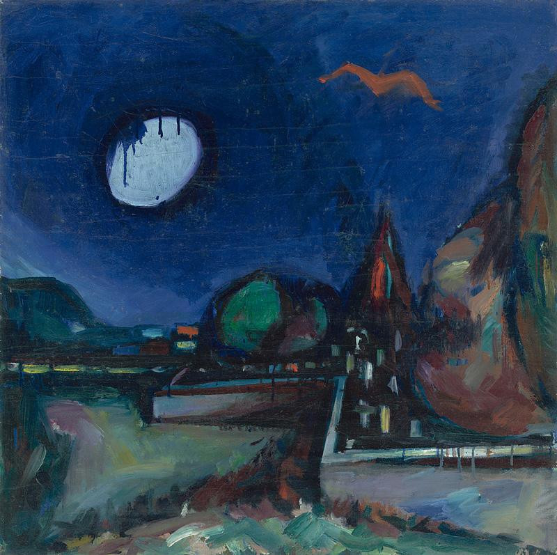 Viliam Chmel – Mesto s mesiacom a červeným vtákom, okolo 1947, Slovenská národná galéria