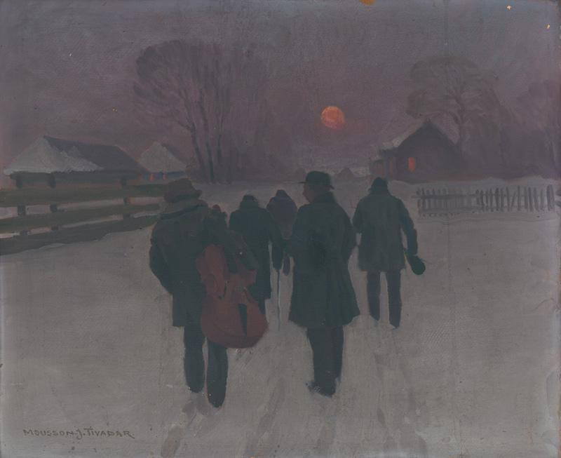Jozef Theodor Mousson - Muzikanti sa vracajú nad ránom zasneženou krajinou, okolo 1915