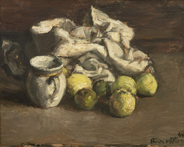 Andrej Bělocvětov – Zátiší s ovocem, džbánem a ubrusem