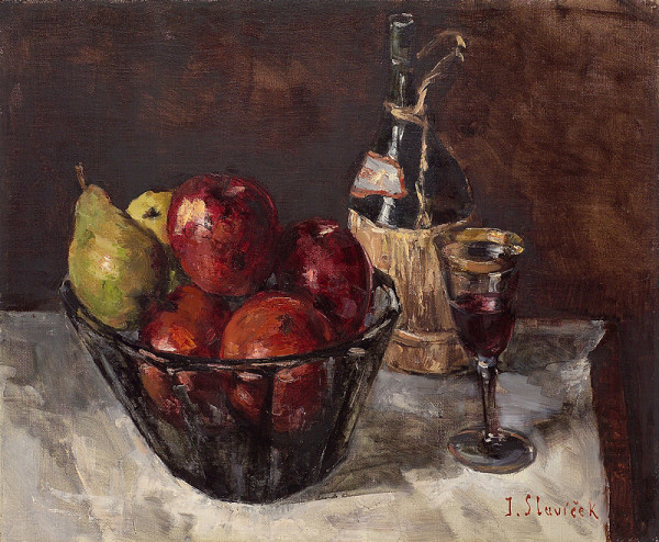 Jan Slavíček – Ovoce v kouřové míse a láhev Chianti 