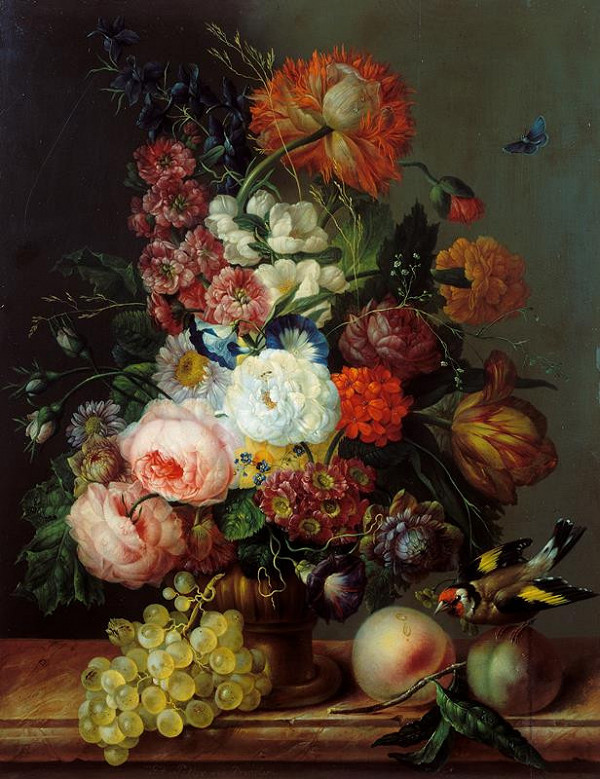 Franz Xaver Petter – Zátiší s květinami, hroznem a stehlíkem