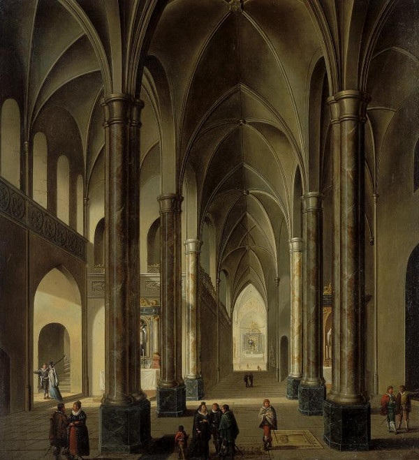 Johann Ludwig Ernst Morgenstern – Interiér chrámu s figurální stafáží