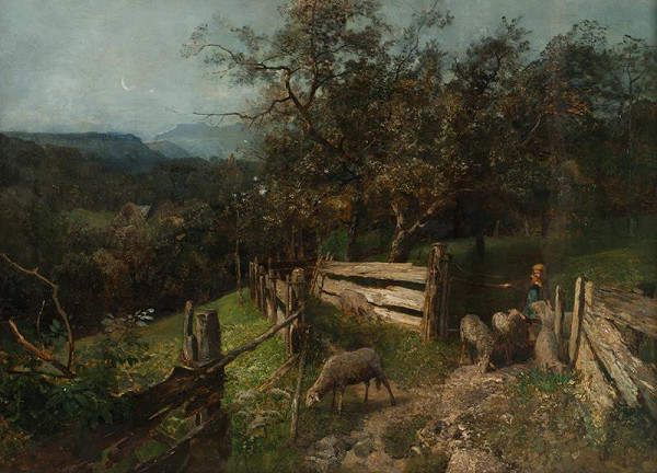 Emil Jakob Schindler – Plaňkový plot u selského stavení v Goisern(Děvčátko s ovcemi,Večerní krajina)
