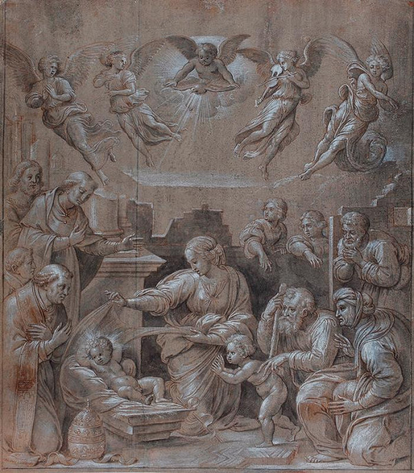 Tommaso di Andrea Vincidor – Klanění pastýřů s donátorem Lvem X. a jeho dvěma nepoty