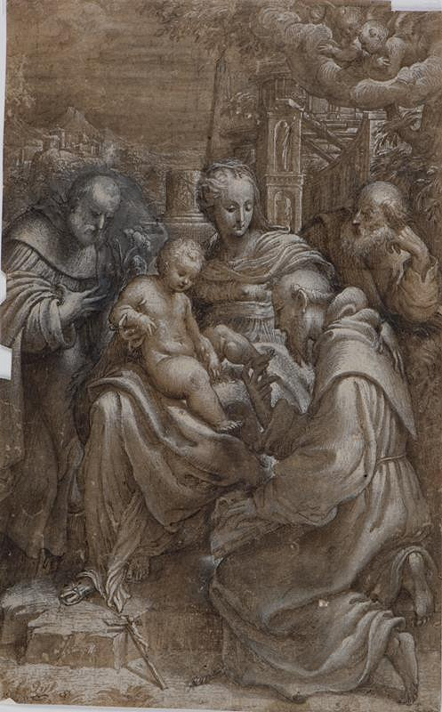 Giulio Campi – Sv. rodina se sv. Františkem a sv. Antonínem