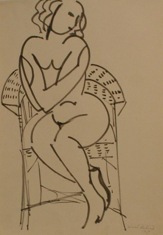 Jánuš Kubíček – Akt ženy sedící v proutěném křesle 