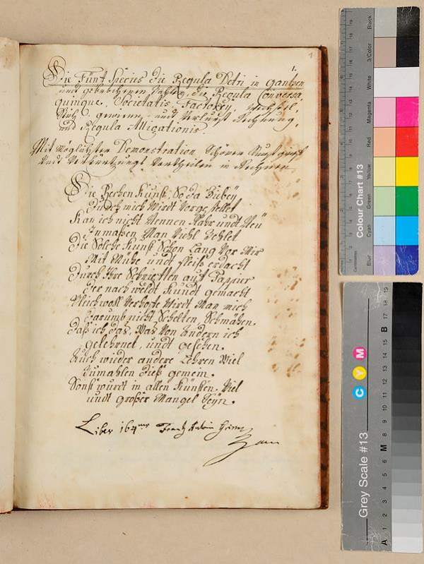 František Antonín Grimm – Die Fünf Species die Regula Detri in gantzen … die Regula Conversa quinque Societatis. 