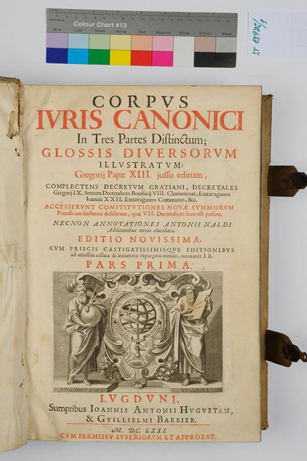 neurčený autor, Jean Antoine Huguetan – Corpus iuris canonici in ttres partes distinctum. 1.