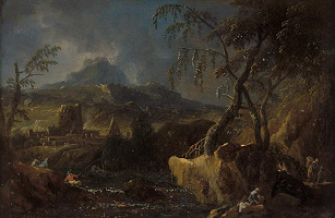 Maximilian Joseph Schinnagl – Horská krajina s říčkou, rybářem a pradlenou 