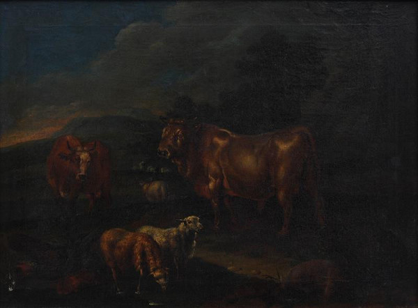 neznámý malíř středoevropský / německý – Krajina s dobytkem v popředí (Býk, kráva s ovcemi)