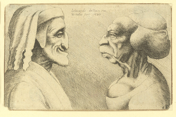Václav Hollar – Dvě karikatury hlav – muž a žena, podle Leonarda da Vinci