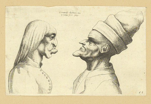Václav Hollar – Dvě karikatury mužských hlav, podle Leonarda da Vinci