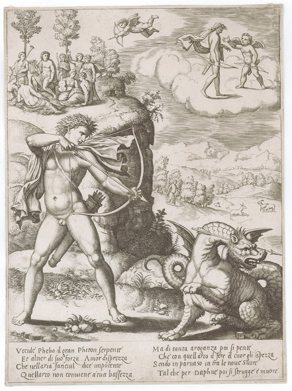 Mistr B v kostce – Apollo zabíjí draka Pythóna (podle Giulia Romana)