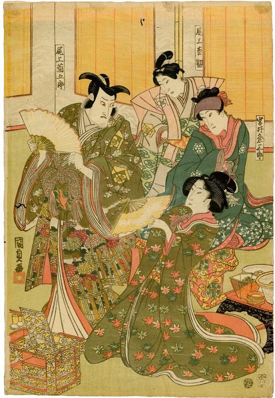 Utagawa Kunisada – Herci Onoue Kikugorō, Onoue Macusuke a Iwai Kumesaburō s tanečnicí