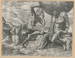 Cornelis Cort – Herkules a Atlas (z cyklu Činy Herkulovy, podle Franse Florise a Hendricka Goltzia) 