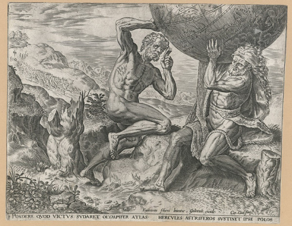 Cornelis Cort – Herkules a Atlas (z cyklu Činy Herkulovy, podle Franse Florise a Hendricka Goltzia) 
