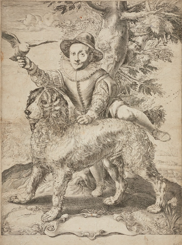 Hendrick Goltzius – Federick de Vries s honícím psem a sokolem, syn malíře Dircka de Vries