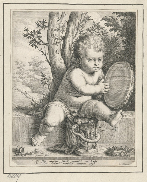 Jacob Matham – Dítě hrající na tamburínu jako symbol rychle ubíhajícího života (podle Tiziana)