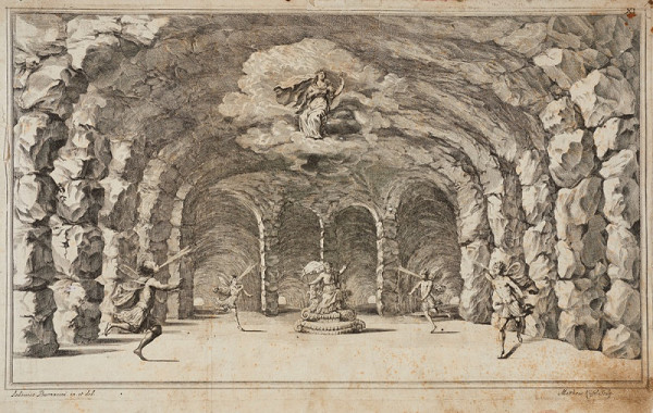 Mathäus Küsel – Aeolova jeskyně, list XI. z představení opery Hra o zlaté jablko, u příležitosti sňatku císaře Leopolda v císařském divadle ve Vídni roku 1667 (podle Lodovica Burnaciniho)