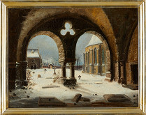 Ferdinand Lepié – Průhled na hřbitov, márnici a kostel 