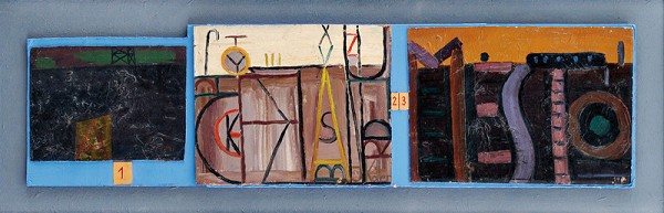 Július Koller – Oznamovacia tabuľa (Mesto). (Obrazo-objekt). Triptych 