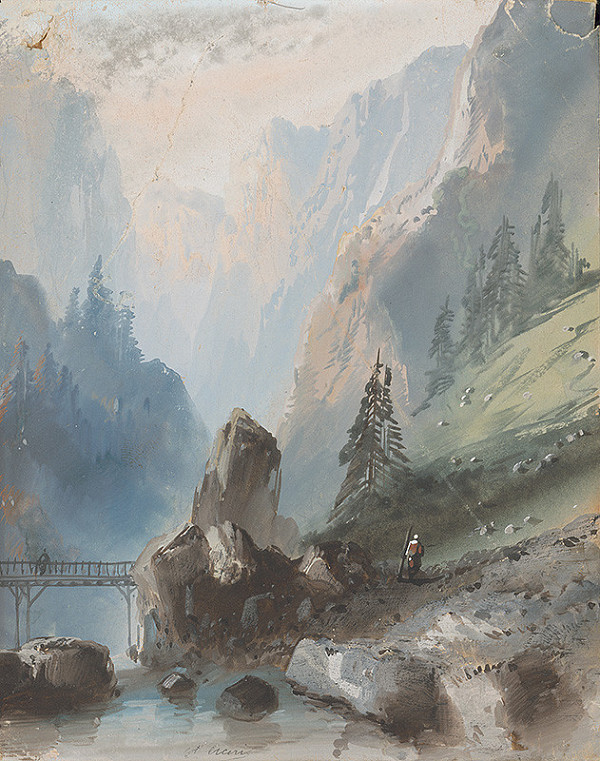 Rakúsky maliar po polovici 19. storočia – Horská krajina s mostom