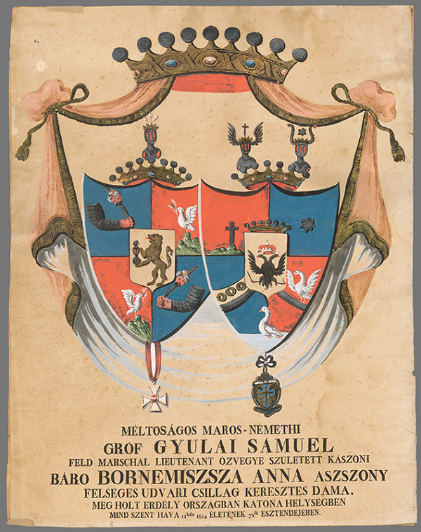 Maďarský maliar z konca 19. storočia – Aliančný erb grófa Samuela Gyulaiho a barónky Anny Bornemiszsza 