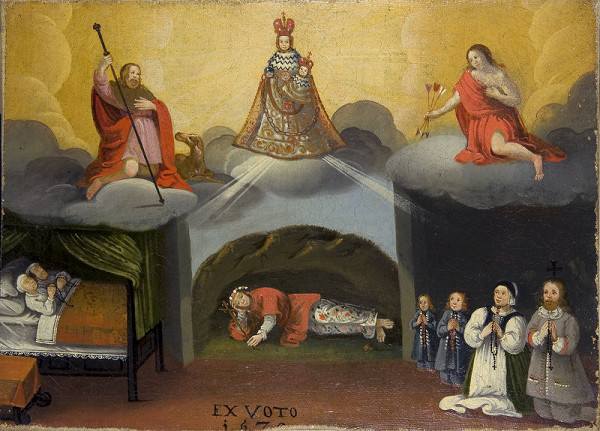 Slovenský maliar z 2. polovice 17. storočia – Votívny obraz s Pannou Máriou a dieťaťom, donátormi, sv. Rochom, sv. Sebastianom a sv. Rozáliou