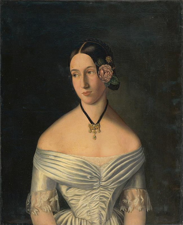 Stredoeurópsky autor z polovice 19. storočia – Portrét mladej ženy s ružou vo vlasoch