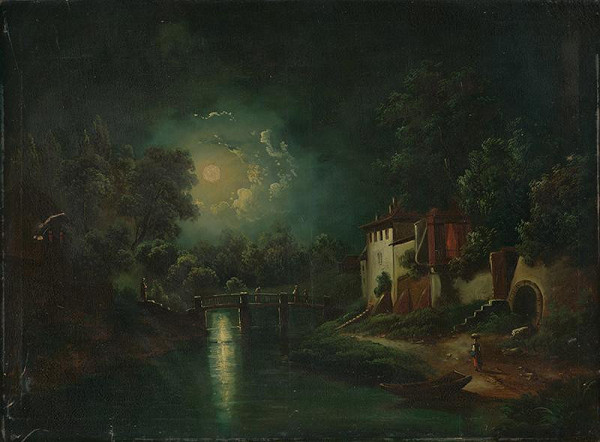 Stredoeurópsky autor z polovice 19. storočia – Romantická nočná krajina s riekou 