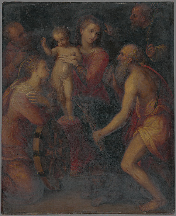 Florentský maliar z polovice 16. storočia, Giovanni Battista Naldini – Madona s dieťaťom, svätou Katarínou, sv. Hieronymom, sv. Antonom pustovníkom a sv. Dominikom 