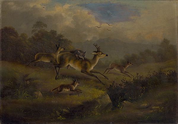 Rakúsky maliar z 2. polovice 19. storočia – Srnky napadnuté vlkmi