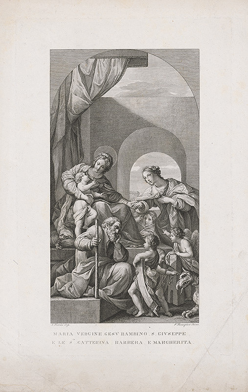 Francesco Rosaspina, Alessandro Tiarini – Svätá rodina, mystické zasnúbenie sv. Kataríny a putti s atribútmi sv. Barbory, Kataríny a Margaréty