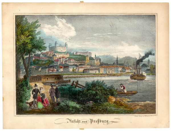 Rakúsky grafik z 19. storočia – Pohľad na Bratislavu z Petržalky