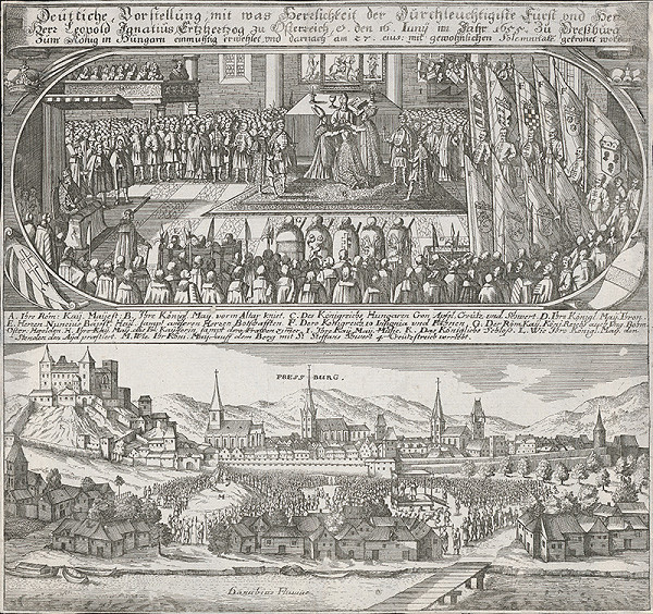 Neznámy autor – Korunovácia Leopolda I. v Bratislave 1655 a pohľad na mesto z juhu