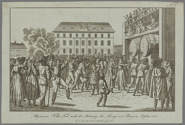 Stredoeurópsky grafik z 1. polovice 19. storočia – Ľudová zábava pri korunovácii Ferdinanda V.