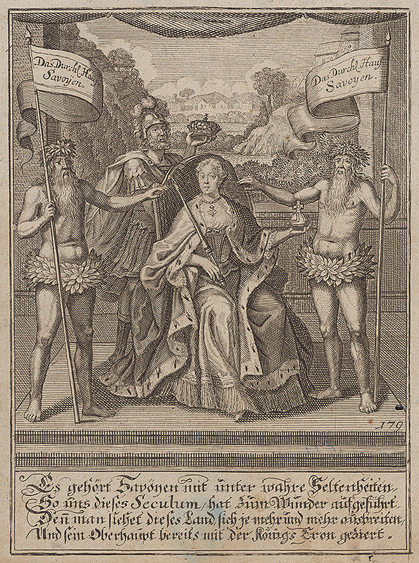 Stredoeurópsky grafik z 18. storočia – Savojská kráľovná na tróne 