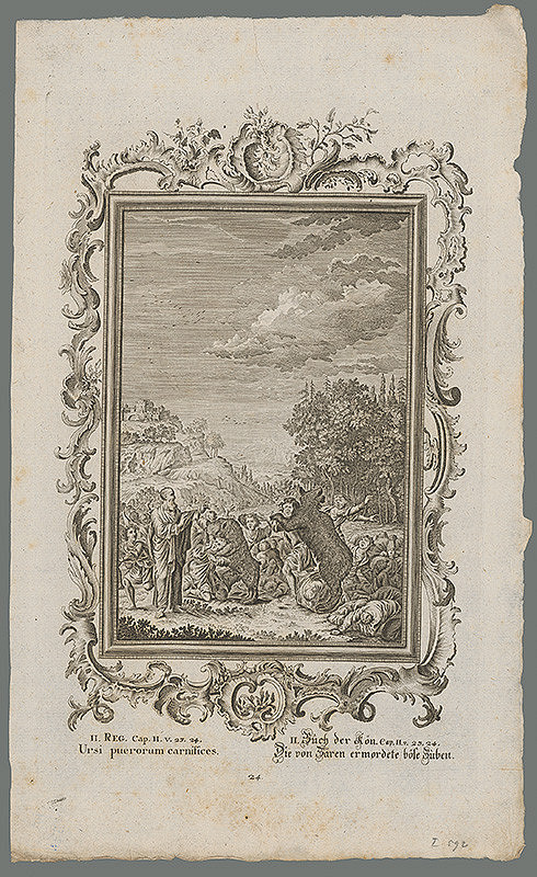 Stredoeurópsky grafik z 18. storočia – Dve medvedice trhajú ľudí....