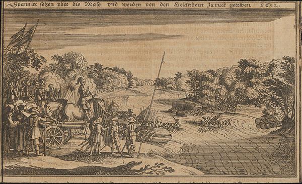 Stredoeurópsky grafik zo 17. storočia – Španieli prekročia rieku Masu 