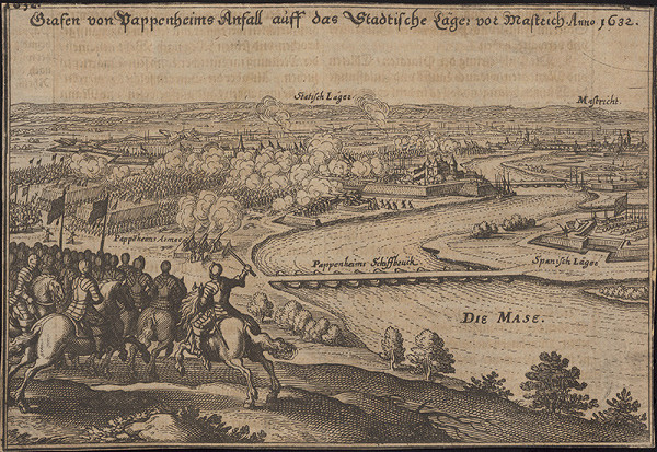 Stredoeurópsky grafik zo 17. storočia – Gróf Pappenheim útočí na mestský tábor 