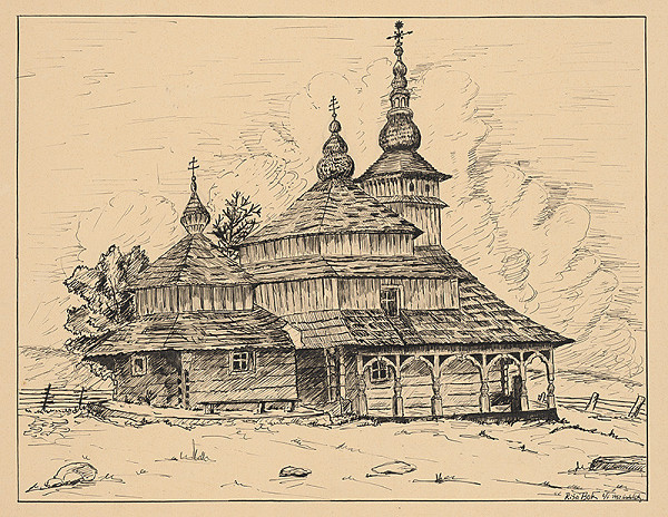 Český grafik z 20. storočia – Drevený kostolík so zvonicou