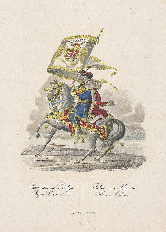 Stredoeurópsky grafik z 19. storočia – Vlajkonosič uhorskej zástavy pri korunovácii Ferdinanda V.