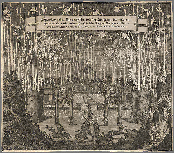 Rakúsky grafik zo 17. storočia – Slávnostný ohňostroj pri príležitosti privítania princeznej Margarity vo Viedni