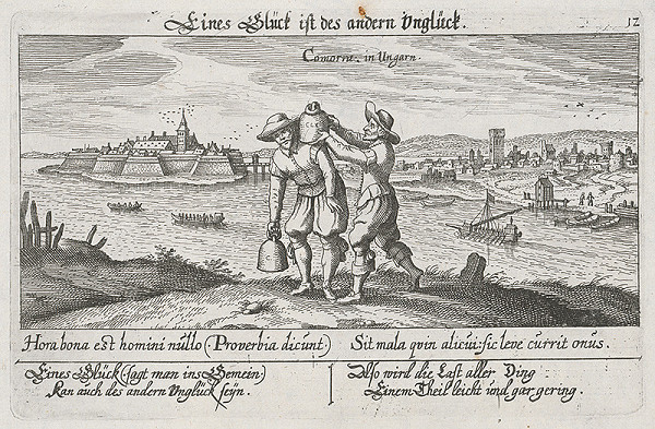 Nemecký grafik z 1. polovice 17. storočia – Pohľad na Komárno s aleg. postavou