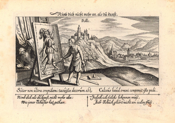 Nemecký grafik z 1. polovice 17. storočia – Pohľad na Fiľakovo s alegorickou postavou