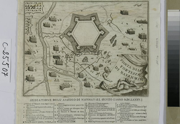 Neznámy autor – Nové Zámky, bitka v roku 1685. Z knihy Giovanni Battista Chiarello Historia ... 1687/8