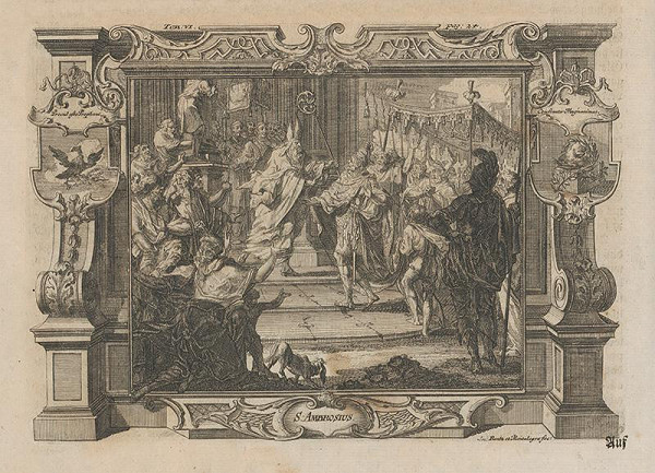 Michael Heinrich Rentz, Johann Daniel de Montalegre – Svätý Ambróz Milánsky zakazuje cisárovi Theodosiovi I., aby vstúpil do chrámu