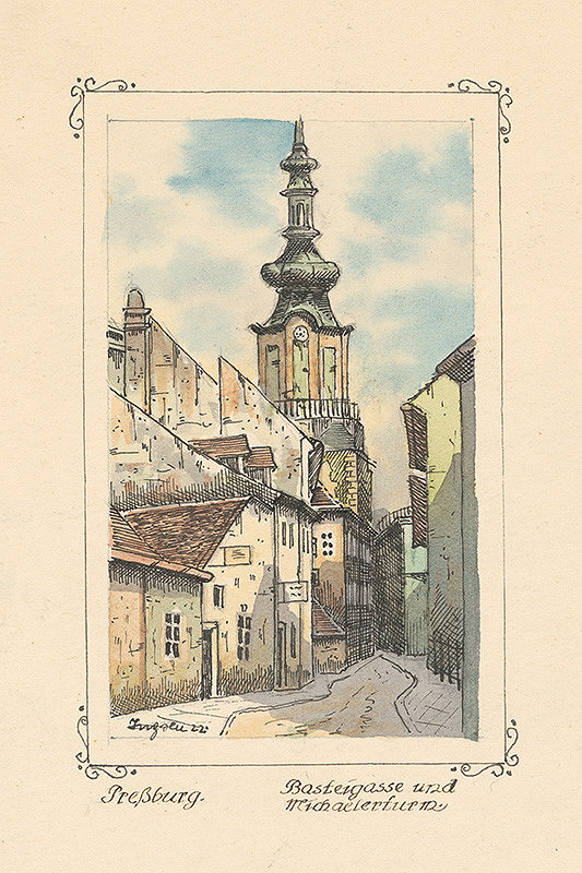 Slovenský kresliar z 1. polovice 20. storočia – Baštová ulica s Michalskou vežou v Bratislave