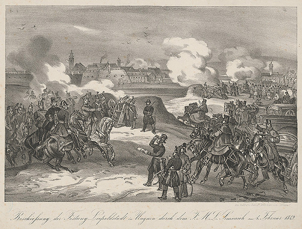 Stredoeurópsky grafik z 19. storočia – Streľba na pevnosť Leopoldov